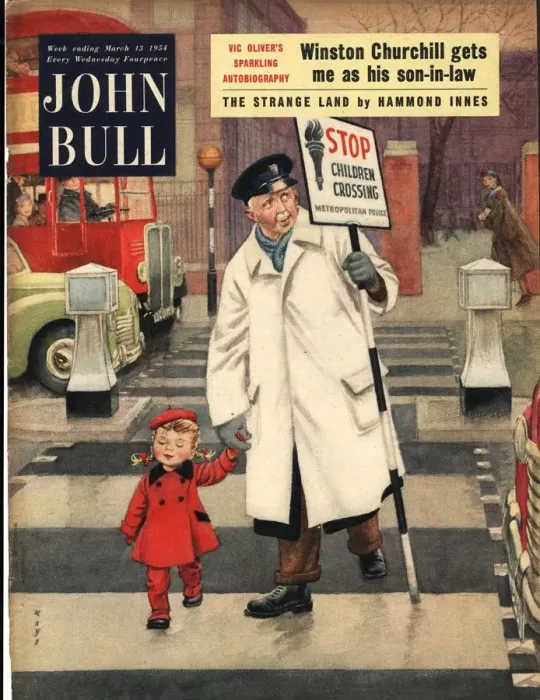 Framed Print : John Bull 1954 1950s UK lollypop man men road safety magazines Framed Print : John Bull 1954 1950s UK lollypop man men road safety magazines