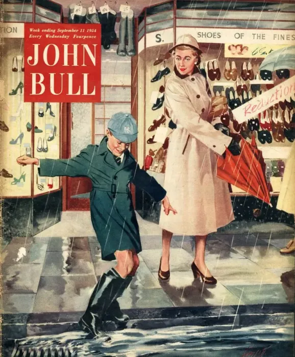 Framed Print : John Bull 1954 1950s UK mothers sons raining puddles umbrellas shopping wet weather