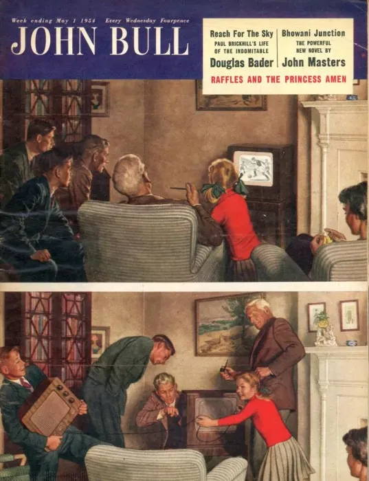 Framed Print : John Bull 1954 1950s UK rescan fixing mending watching magazines Framed Print : John Bull 1954 1950s UK rescan fixing mending watching magazines