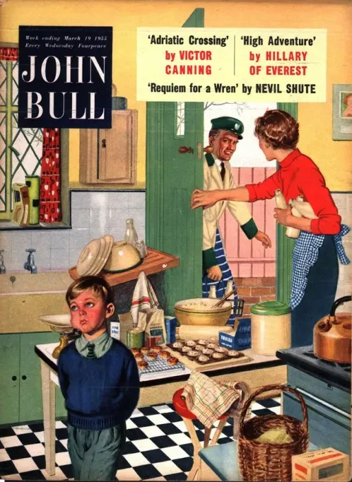 Framed Print : John Bull 1955 1950s UK cooking naughty milkman milkmen kitchens housewives housewife Framed Print : John Bull 1955 1950s UK cooking naughty milkman milkmen kitchens housewives housewife