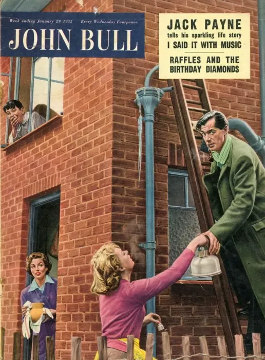 Framed Print : John Bull 1955 1950s UK seasons winter burst pipes frozen ice ladders gutters housewife Framed Print : John Bull 1955 1950s UK seasons winter burst pipes frozen ice ladders gutters housewife