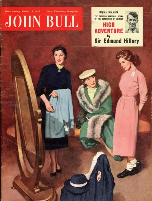 Framed Print : John Bull 1955 1950s UK shopping trying on clothes mothers and daughters sales assistants