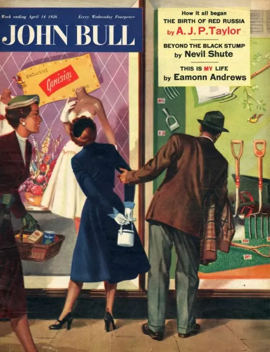 Framed Print : John Bull 1956 1950s UK couples window shopping dresses tools magazines clothing clothes Framed Print : John Bull 1956 1950s UK couples window shopping dresses tools magazines clothing clothes