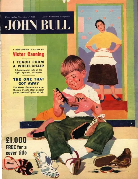 Framed Print : John Bull 1956 1950s UK polishing shoes cleaning housewives housewife products magazines