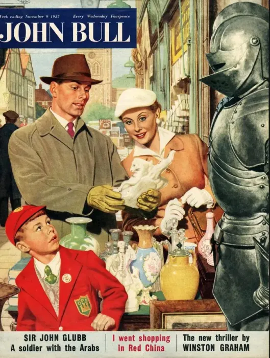 Framed Print : John Bull 1957 1950s UK couples schoolboys antiques markets shopping armour magazines