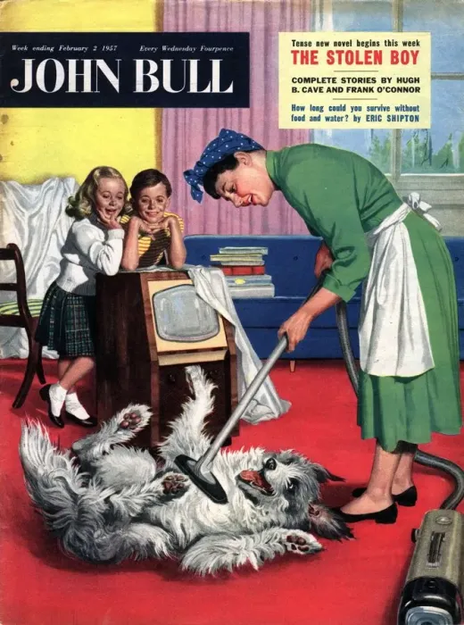 Framed Print : John Bull 1957 1950s UK dogs cleaning housewives housewife vacuum cleaners products Framed Print : John Bull 1957 1950s UK dogs cleaning housewives housewife vacuum cleaners products