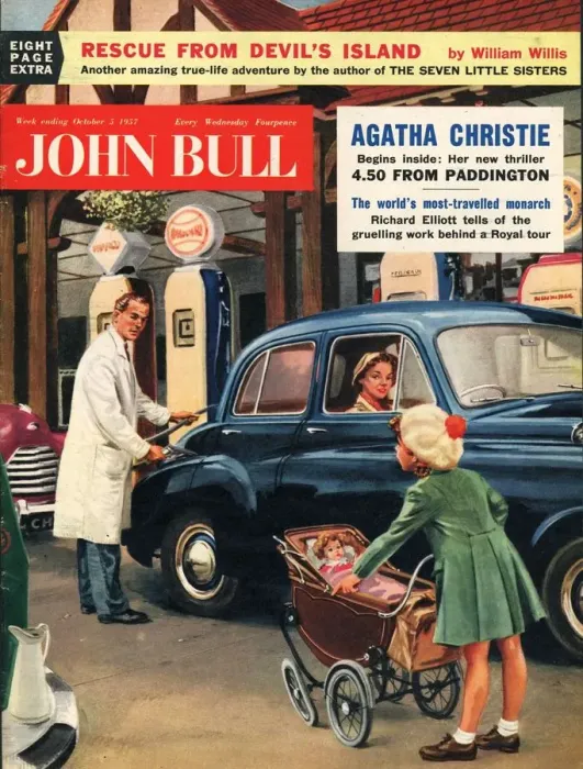 Framed Print : John Bull 1957 1950s UK petrol pumps, garages, gas, prams gasoline magazines cars