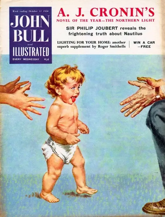 Framed Print : John Bull 1958 1950s UK babies first steps learning to walk magazines baby Framed Print : John Bull 1958 1950s UK babies first steps learning to walk magazines baby