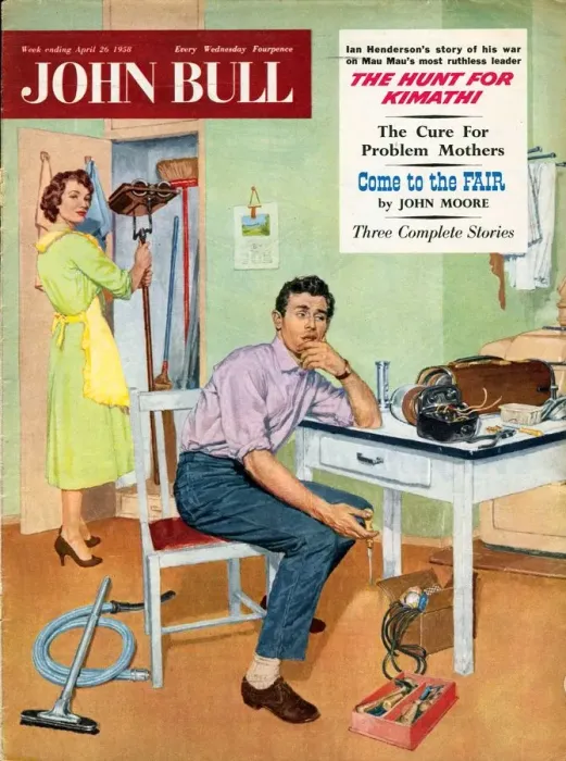 Framed Print : John Bull 1958 1950s UK repairing mending hoovers vacuum cleaning housewife diy