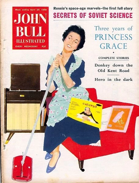 John Bull 1959 1950s UK housewife housewives cleaning mopping mops listening to record