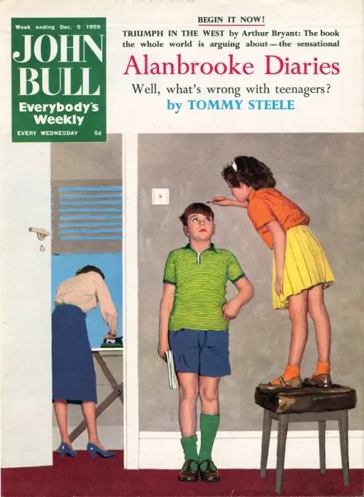 Framed Print : John Bull 1959 1950s UK measuring height tall sisters and brothers growing magazines Framed Print : John Bull 1959 1950s UK measuring height tall sisters and brothers growing magazines