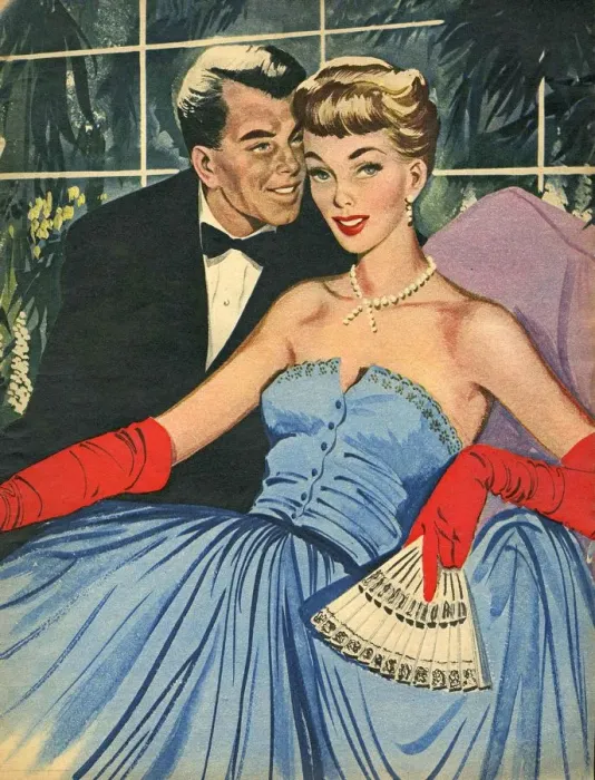 Framed Print : John Bull no date 1950s UK womens story illustrations eveningwear mens fans gloves Framed Print : John Bull no date 1950s UK womens story illustrations eveningwear mens fans gloves