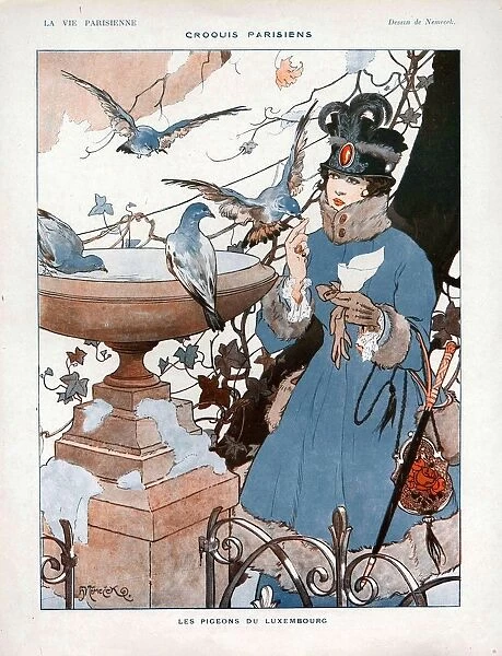 La Vie Parisienne 1916 1910s France cc birds pigeons hats coats winter snow womens
