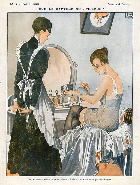 La Vie Parisienne 1916 1910s France cc maids applying makeup make-up powder dressing
