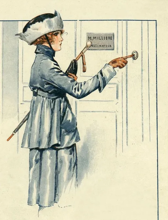 Framed Print : La Vie Parisienne 1919 1910s France Maurice Milliere womens coats hats ringing doorbells