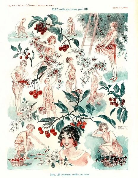 La Vie Parisienne 1920s France A. Vallee cc cherry picking fruit orchards gardening