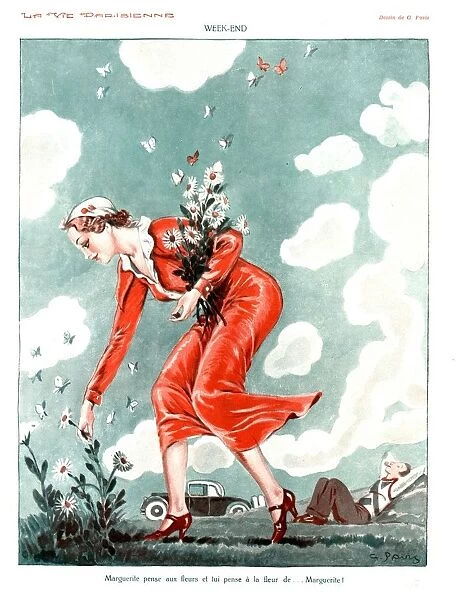 La Vie Parisienne 1920s France cc picking flowers gardening butterflies