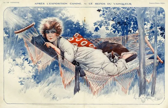 Framed Print : La Vie Parisienne 1920s France Maurice Milliere hammocks dogs relaxing gardens illustrations Framed Print : La Vie Parisienne 1920s France Maurice Milliere hammocks dogs relaxing gardens illustrations