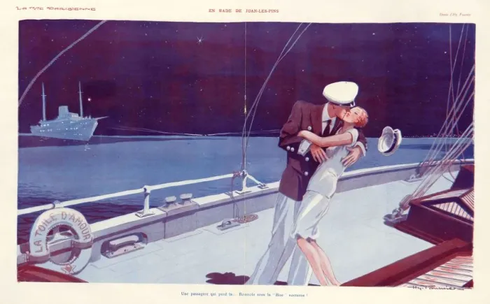 Framed Print : La Vie Parisienne 1929 1920s France cc boats embracing hugging kissing captain sailing
