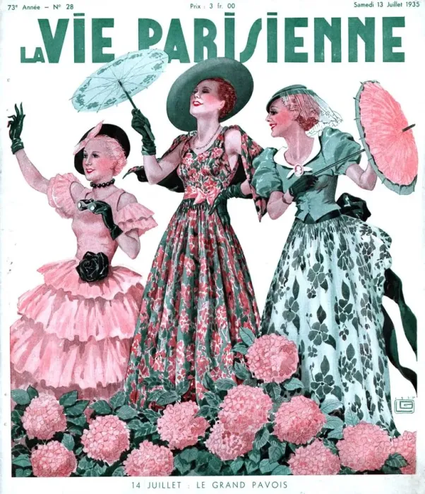 Framed Print : La Vie Parisienne 1935 1930s France magazines dresses parasols umbrellas flowers Framed Print : La Vie Parisienne 1935 1930s France magazines dresses parasols umbrellas flowers