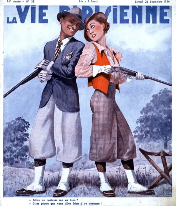 Framed Print : La Vie Parisienne 1936 1930s France magazines couples shooting guns hunting