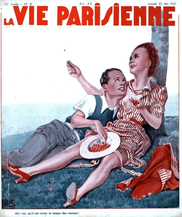 Framed Print : La Vie Parisienne 1937 1930s France magazines couples eating picnics cherries erotica