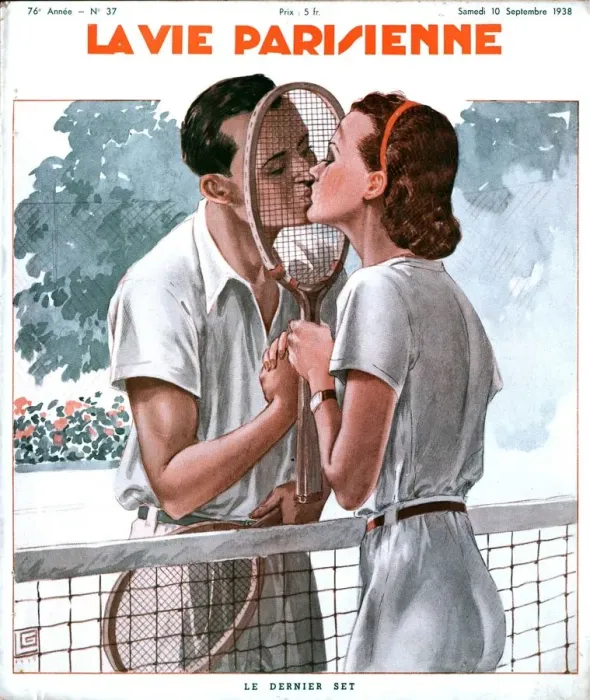 Framed Print : La Vie Parisienne 1938 1930s France magazines couples kissing kisses tennis rackets