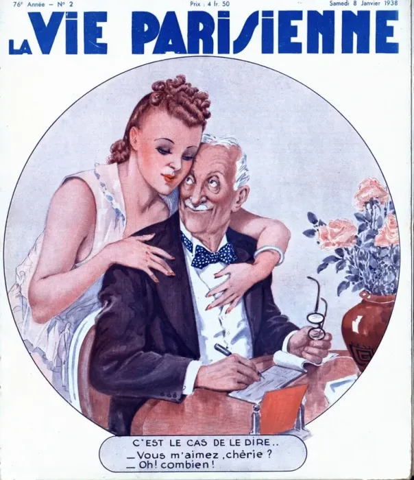 Framed Print : La Vie Parisienne 1938 1930s France magazines money cheques financial couples elderly Framed Print : La Vie Parisienne 1938 1930s France magazines money cheques financial couples elderly
