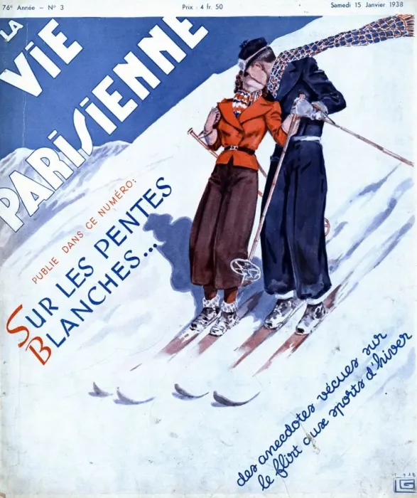 Framed Print : La Vie Parisienne 1938 1930s France magazines winter sports kissing skiing couples Framed Print : La Vie Parisienne 1938 1930s France magazines winter sports kissing skiing couples