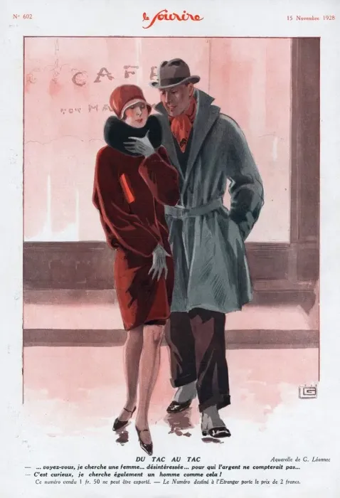 Framed Print : Le Sourire 1928 1920s France womens mens coats restaurants illustrations mens