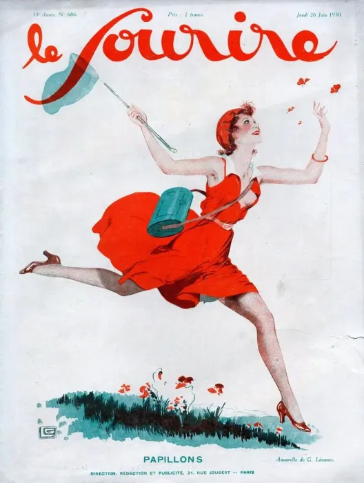 Framed Print : Le Sourire 1930 1930s France magazines catching butterflies illustrations