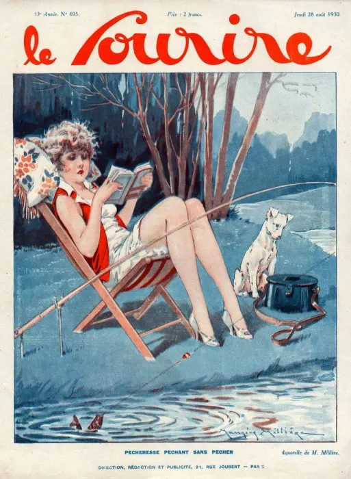 Framed Print : Le Sourire 1930 1930s France magazines fishing reading books dogs illustrations dog book Framed Print : Le Sourire 1930 1930s France magazines fishing reading books dogs illustrations dog book