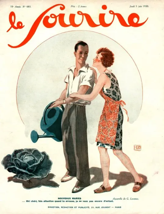 Framed Print : Le Sourire 1930 1930s France watering cans vegetables couples magazines horticulture Framed Print : Le Sourire 1930 1930s France watering cans vegetables couples magazines horticulture