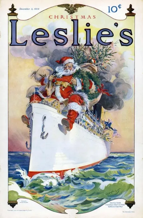 Framed Print : Leslies 1914 1910s USA Father Christmas Santa Claus ships cruises magazines