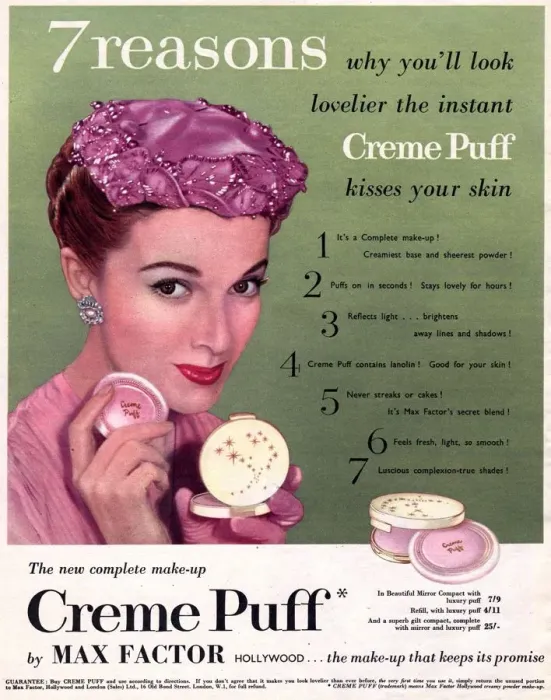 Framed Print : Max Factor 1950s UK creme puff foundation powder make-up makeup hats womens clothing Framed Print : Max Factor 1950s UK creme puff foundation powder make-up makeup hats womens clothing