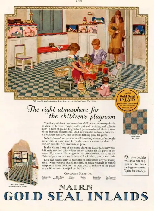 Framed Print : Nairn 1920s USA CC interiors kitchens flooring lino gold seal inlaids playing woman women Framed Print : Nairn 1920s USA CC interiors kitchens flooring lino gold seal inlaids playing woman women