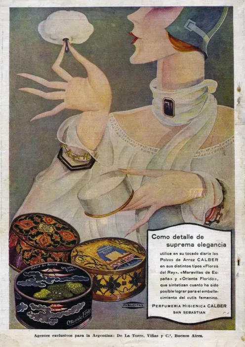Framed Print : Perfumeria 1929 1920s Spain cc applying womens powder Framed Print : Perfumeria 1929 1920s Spain cc applying womens powder