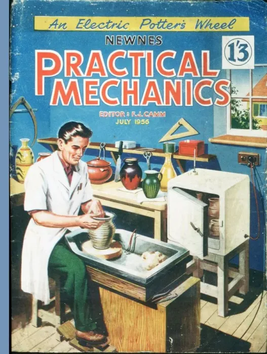 Framed Print : Practical Mechanics 1950s UK art potters wheel sculptures magazines