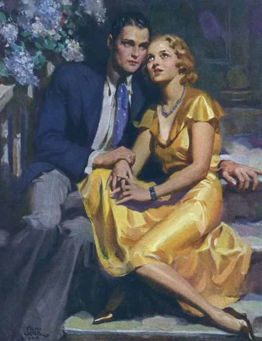 Framed Print : Romance 1933 1930s UK womens story illustrations E M Jackson lovers Framed Print : Romance 1933 1930s UK womens story illustrations E M Jackson lovers