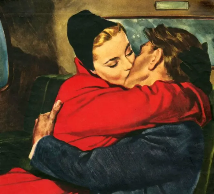 Framed Print : Romance 1953 1950s UK Fairbairn womens story illustrations cpi W kissing kisses