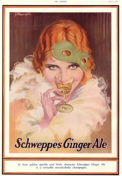 Framed Print : Schweppes 1930s UK ginger ale art deco drinking masks Framed Print : Schweppes 1930s UK ginger ale art deco drinking masks