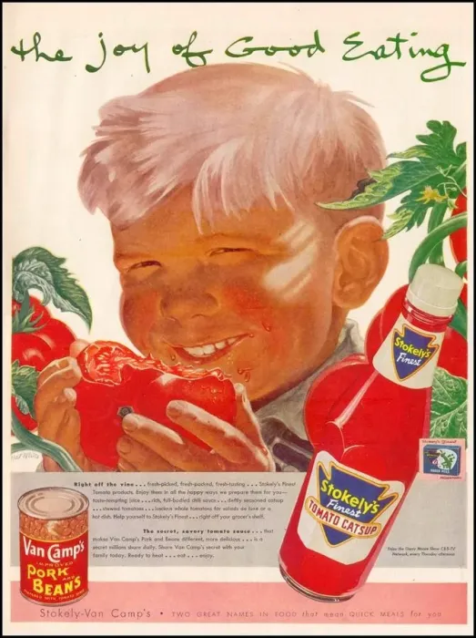 Framed Print : Stockely, and Van Camp 1930s USA TJS itnt boys boys eating tomatoes ketchup catsup