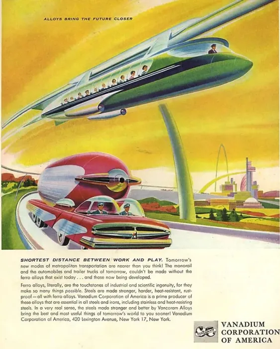 Framed Print : Vanadium Corporation of America 1950s USA mcitnt visions of the future cars monorail