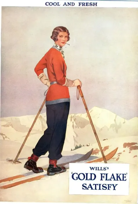 Framed Print : Wills 1930s USA gold flake skiing cigarettes smoking skiing