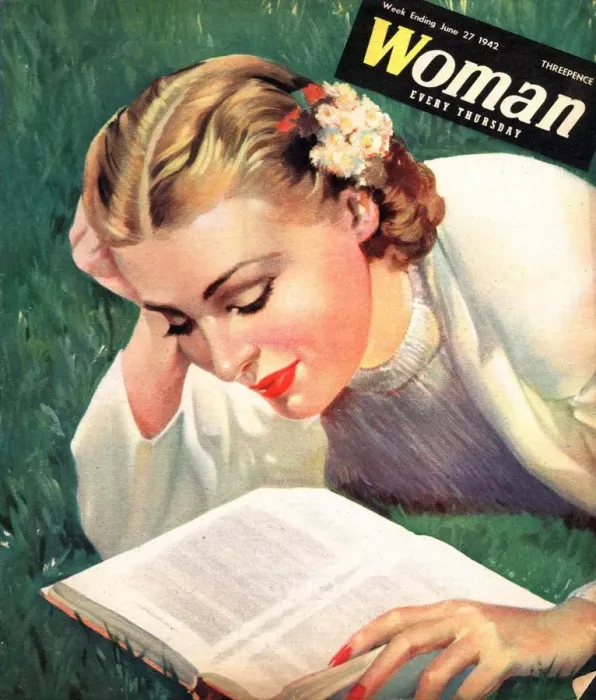 Framed Print : Woman 1942 1940s UK people reading book books women magazines Framed Print : Woman 1942 1940s UK people reading book books women magazines