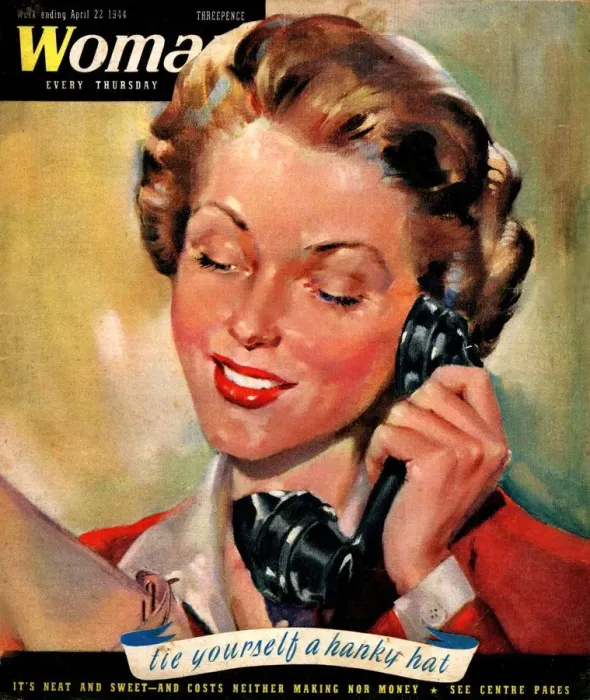 Framed Print : Woman 1944 1940s UK womens magazines portraits telephones listening agony aunts Framed Print : Woman 1944 1940s UK womens magazines portraits telephones listening agony aunts