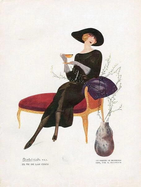 Woman Drinking Tea 1921 1920s Spain cc drinking tea afternoon furniture chaise longue