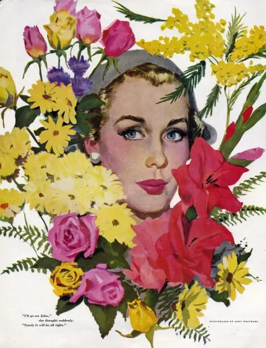 Framed Print : Woman with Flowers 1950s USA Coby Whitmore womens story illustrations CPI womens Framed Print : Woman with Flowers 1950s USA Coby Whitmore womens story illustrations CPI womens