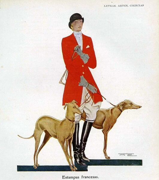 Woman in Hunting outfit with hounds 1929 1920s Spain cc hunting fox riding hounds