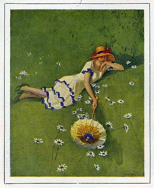 Woman on lawn with daisies 1929 1920s France cc relaxing sunbathing umbrellas hats